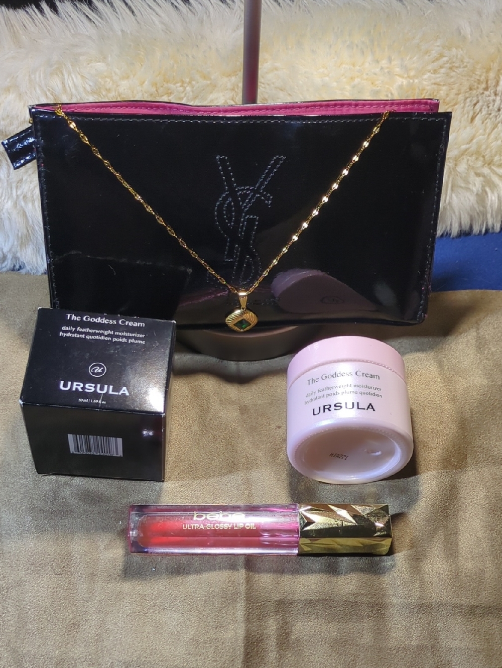 YSL Cosmetic Pouch /Gold tone Pendant Necklace & Ursula Cream/Bebe Lip Gloss $75